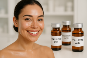 Primer plano de una mujer sonriente con piel luminosa, frascos de ácido hialurónico de fondo, entorno de clínica estética