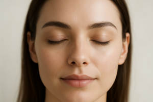 Primer plano de una mirada femenina relajada, sin arrugas, con cejas elevadas naturalmente, entorno luminoso y neutro