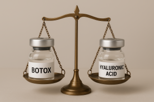 Dos frascos etiquetados como bótox y ácido hialurónico sobre fondo neutro, con una balanza representando la decisión