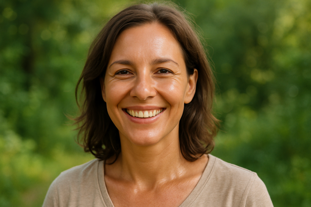 Mujer de 40 años sonriente al aire libre con piel radiante, expresión natural y fondo de naturaleza desenfocado