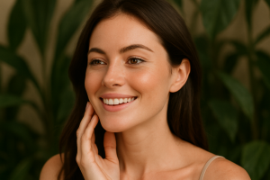 Primer plano de una mujer tocando su mandíbula con una sonrisa, fondo vegetal, luz suave, estilo natural y elegante