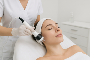 Dispositivo de radiofrecuencia aplicándose en rostro femenino en clínica estética, fondo blanco clínico, ambiente moderno